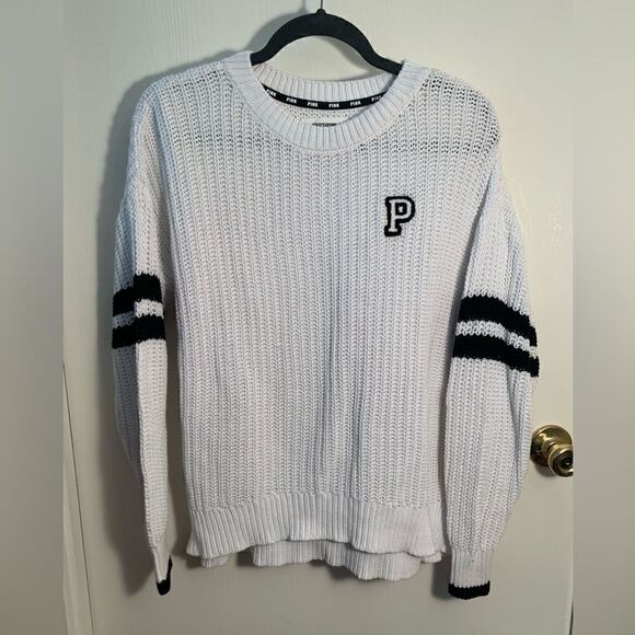 PINK white/black varsity style striped sleeve knit sweater Size Small - Picture 1 of 5